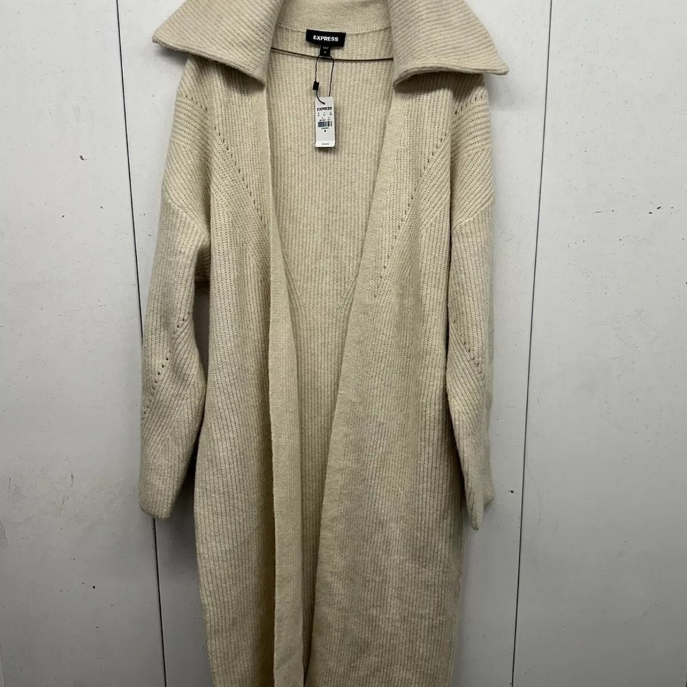 Express Sweater Womens Medium Tan Open Front Long Sleeve Wool Blend Casual Knit
